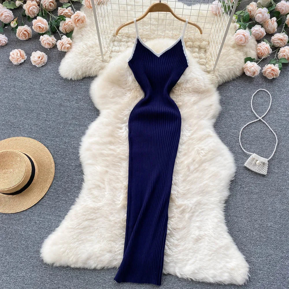 Summer V Neck Knit Sexy Strap Dress Women Elatic Waist Bodycon Sundress Female Beach Backless Maxi Long Dress