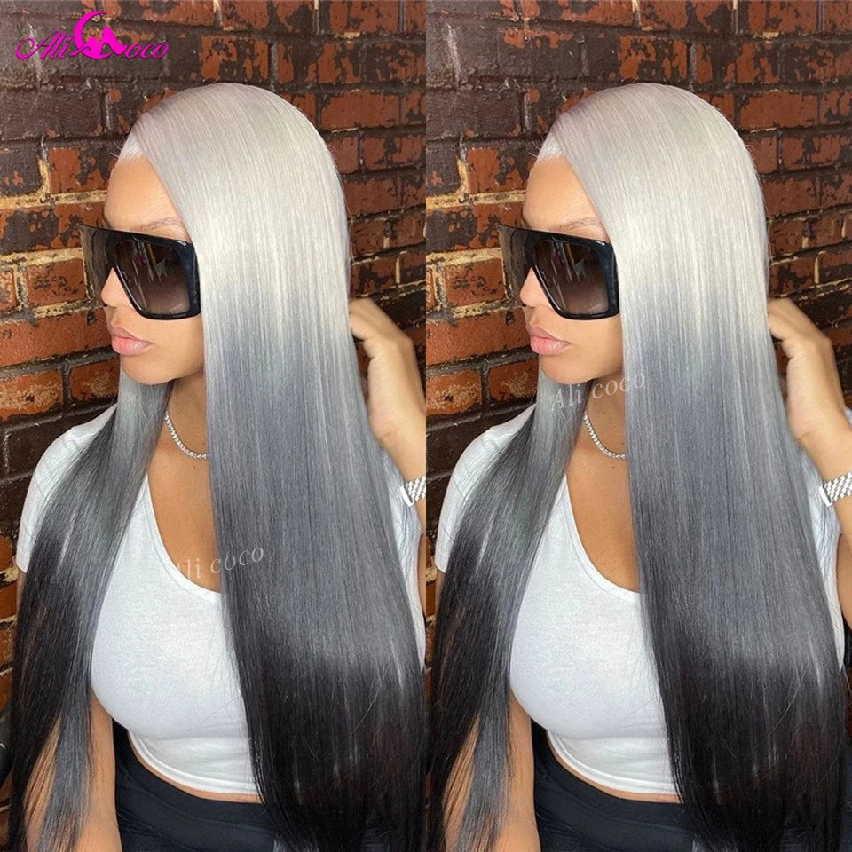 Ombre Grey Black 13x6 Lace Front Wigs Transparent Lace Straight Wigs 613 Colored Human Hair Wigs Remy Hair For Black Women