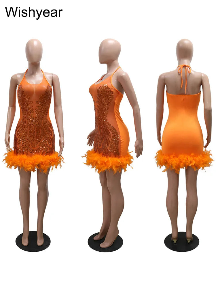 Elegant Luxury Sequins See Through Feather Mini Dress Celebrity Halter Backless Women‘s Sexy Birthday Party Nightclub Vestidos