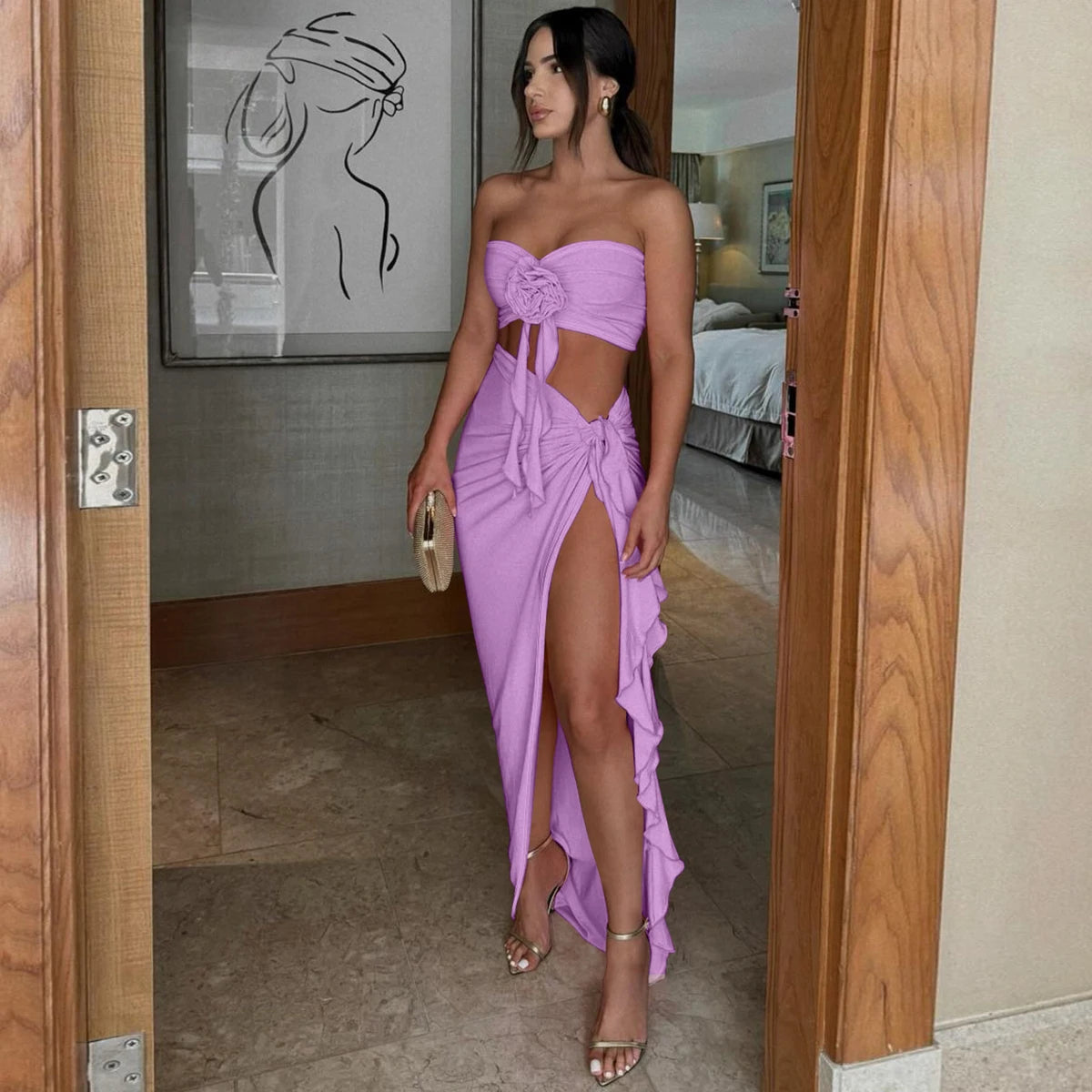 Hugcitar Fashion 2 Pcs Sets Strapless Tie Flower Draped Sexy Crop Tank Top Slit Tassel Maxi Skirt Women Outfit Festival Party