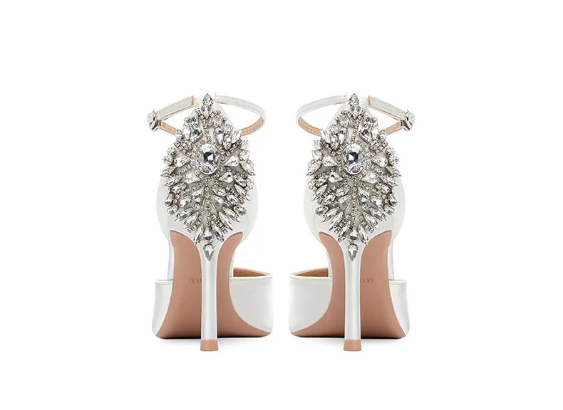 Baotou Hollow High Heel Women's Sandals Pointed Tip Thin Heel One-word Button Rhinestone Wedding Shoes Bridal Shoes