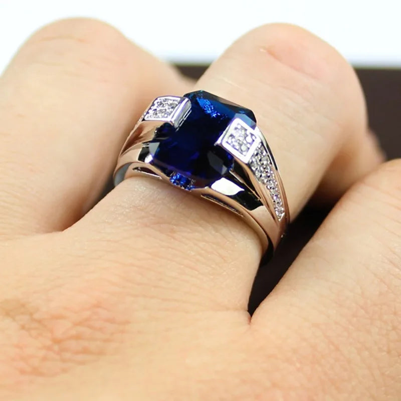 Delicate Male 925 Sterling Silver Rings for Women Cubic Zirconia Blue Stone Ring for Men Women Index Finger Ring VIntage Jewelry