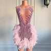 Luxury Sheer Neckline Women Cocktail Dress Pink Feather Black Girl Short Prom Dresses 2026 For Birthday Party