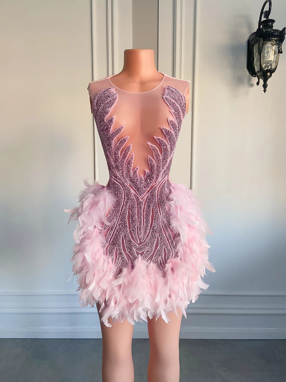 Luxury Sheer Neckline Women Cocktail Dress Pink Feather Black Girl Short Prom Dresses 2026 For Birthday Party