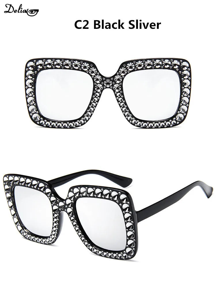 Glitter Women Sunglasses Brand Design Flash Square Shades Mirror Female Sun Glasses Bezel Bling Rhinestones