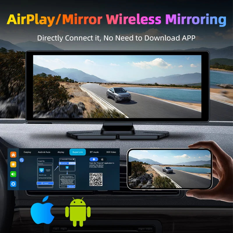 Develuck 10.26" Car DVR 350° Adjustable Carplay Android Auto Dash cam 4K Front&1080P Rear Camera Voice Control WIFI Dual lens FM