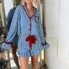 Striped Loungewear Christmas Pajamas Shorts Set Women Y2k Cute Bow Tie Pjs Button Up Shirt+Ruffle Shorts 2 Piece Sleepwear