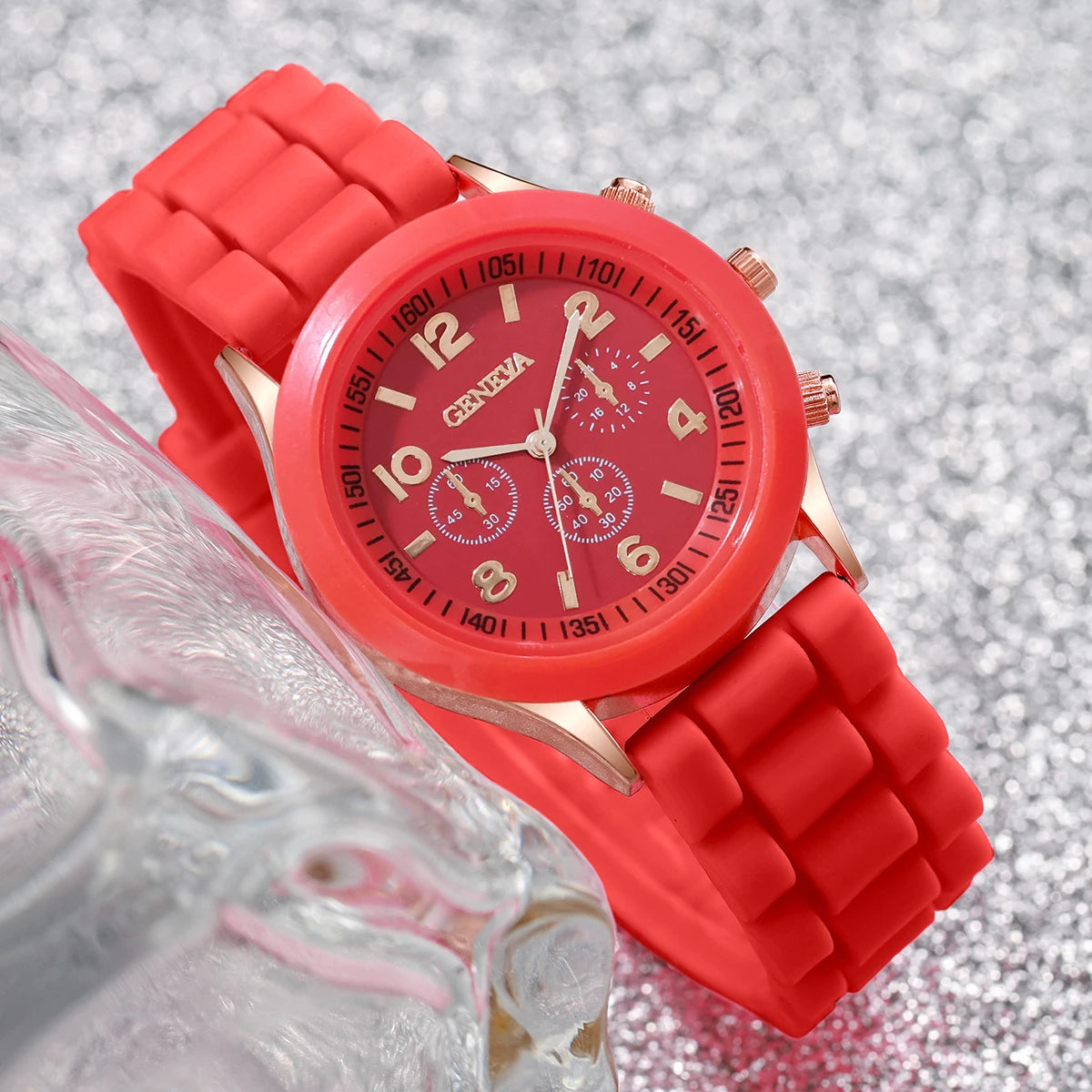 4PCs/Set Women Silicone Watch White Pink Red Black Colors Quartz Watch Set