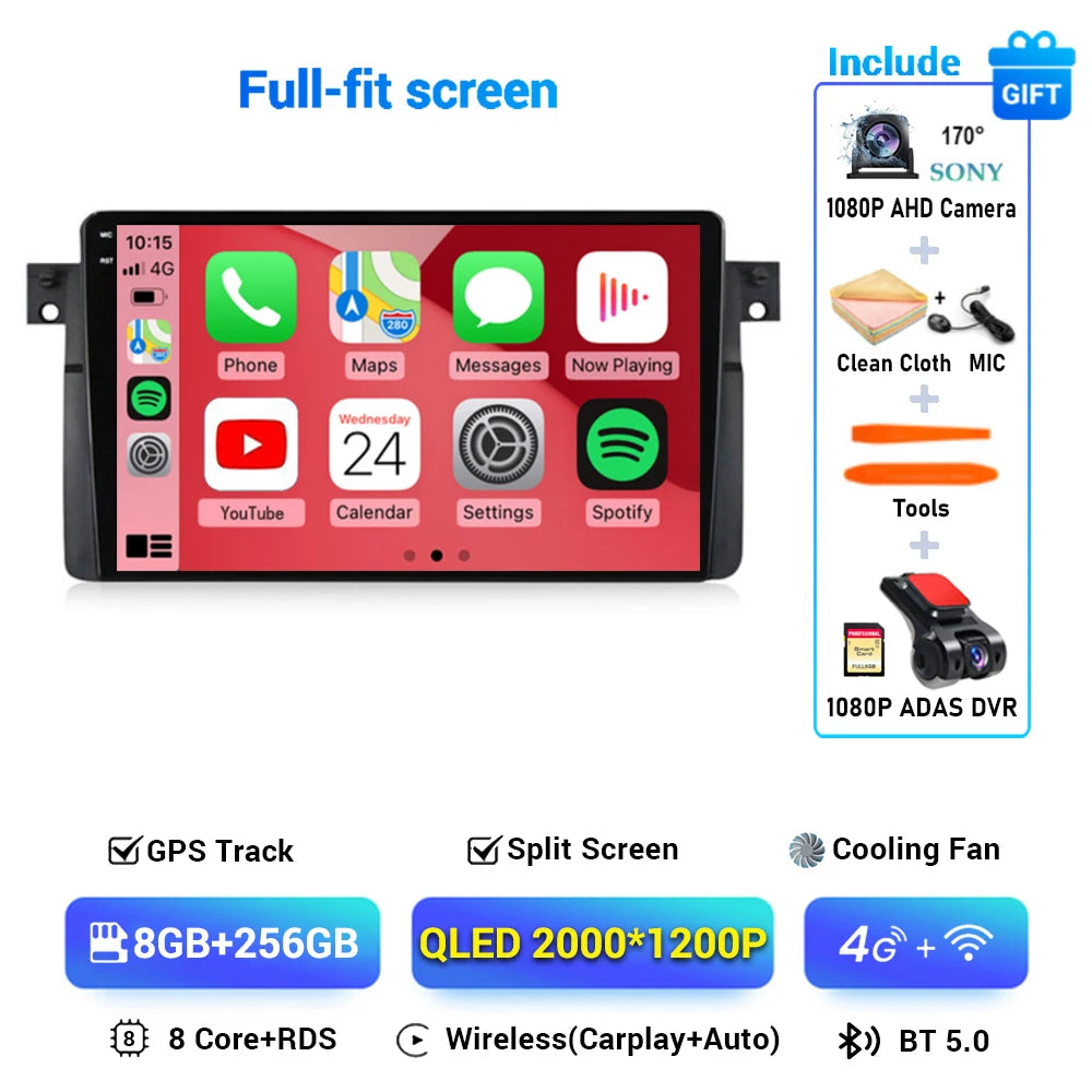 Android 14 Wireless CarPlay Auto for BMW E46 M3 318/320/325/330/335 4G+WIFI Car Radio Multimedia GPS Video Player 360 Camera DSP