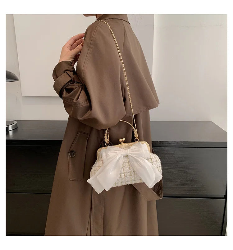 Glittering Chain Plaid Pattern Evening Bag For Women Bow Decor Shoulder Bag, Fashionable Elegant Clutch, Women‘s Crossbody Bag