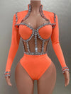 Sexy See-Through Strapless Rhinestone Tops Zipper Jacket High-waisted Shorts 3-Pieces Sets Party Nightclub Perfprmance Costume