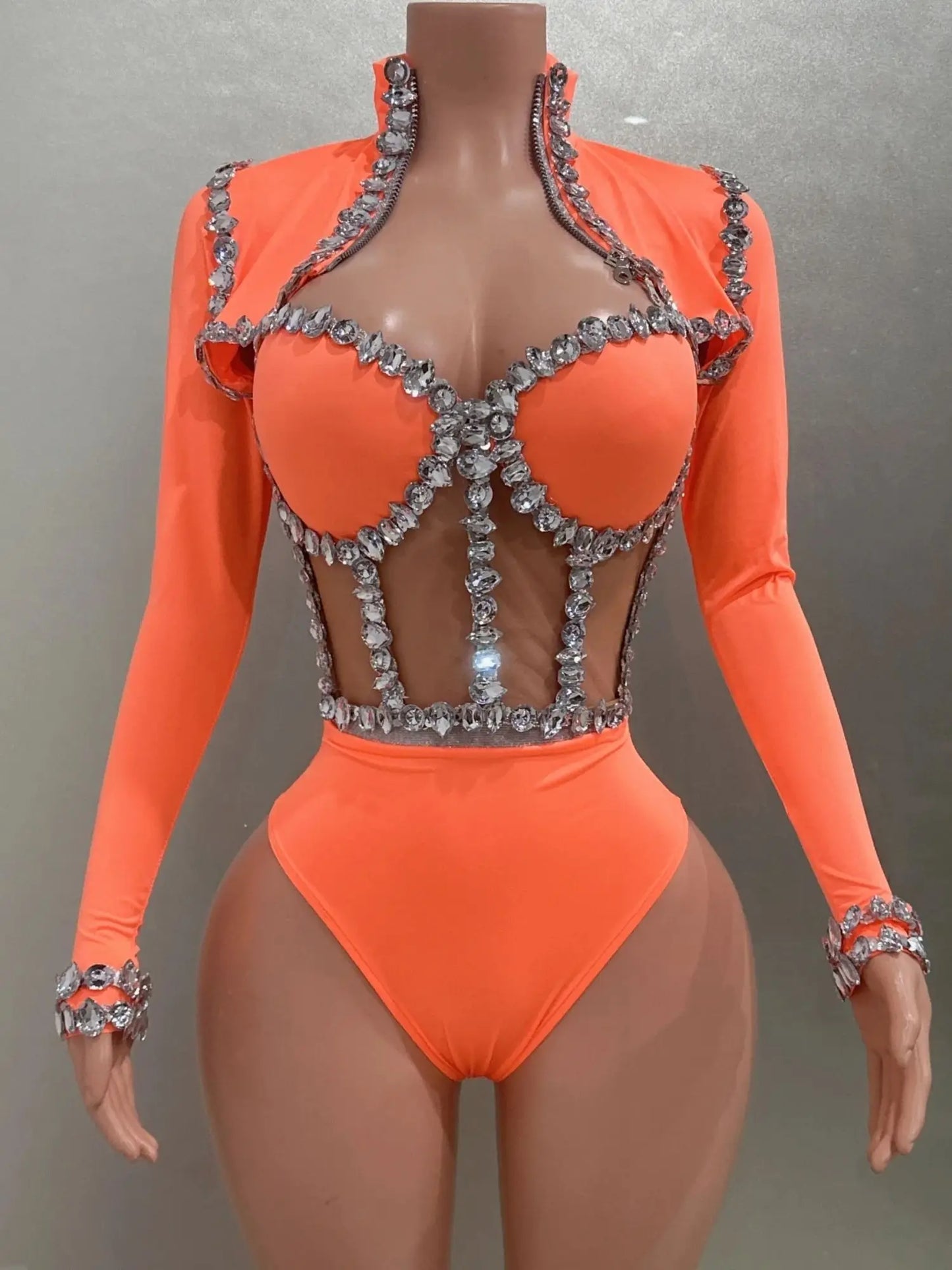Sexy See-Through Strapless Rhinestone Tops Zipper Jacket High-waisted Shorts 3-Pieces Sets Party Nightclub Perfprmance Costume