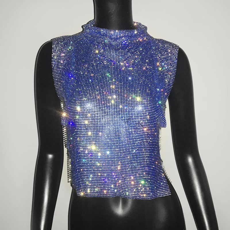 Sexy Rhinestone Backless Party Crop Top Women Glitter Turtleneck TShirt Adjustable Metal Chain Summer Nightculb Diamond Tank Top