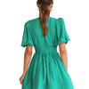 Women Summer Casual A-line Dress Solid Color Deep V-Neck Short Puff Sleeve Mini Dress Fashion Party Short Dress