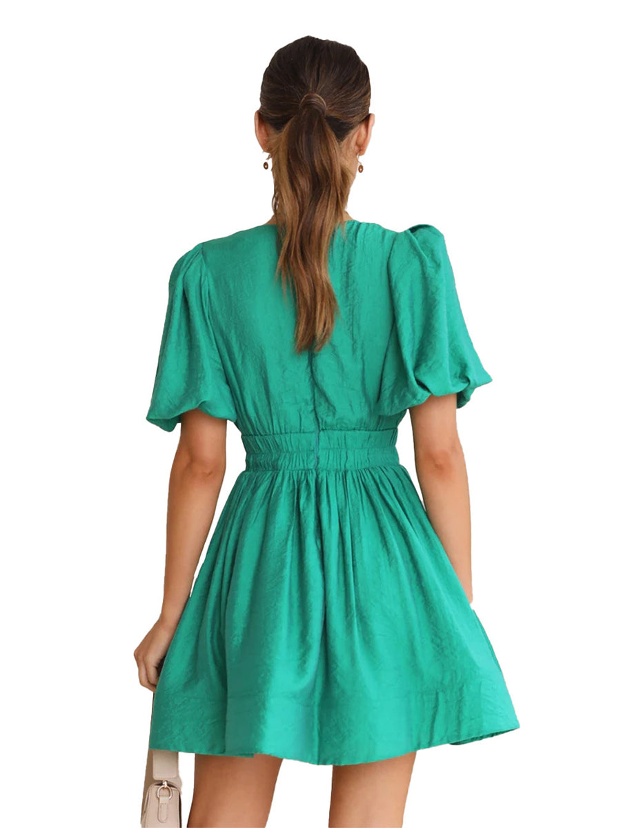Women Summer Casual A-line Dress Solid Color Deep V-Neck Short Puff Sleeve Mini Dress Fashion Party Short Dress