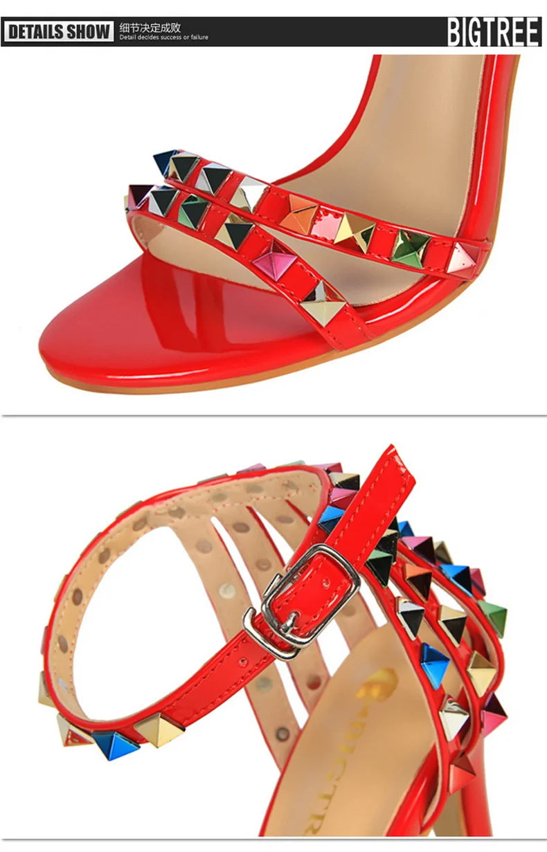 Summer Women Roman High Heels Rivets Studded Sandals Stiletto Gladiator Pumps Open Toe Luxury Shoes Hollow One-word Buckle 267-2