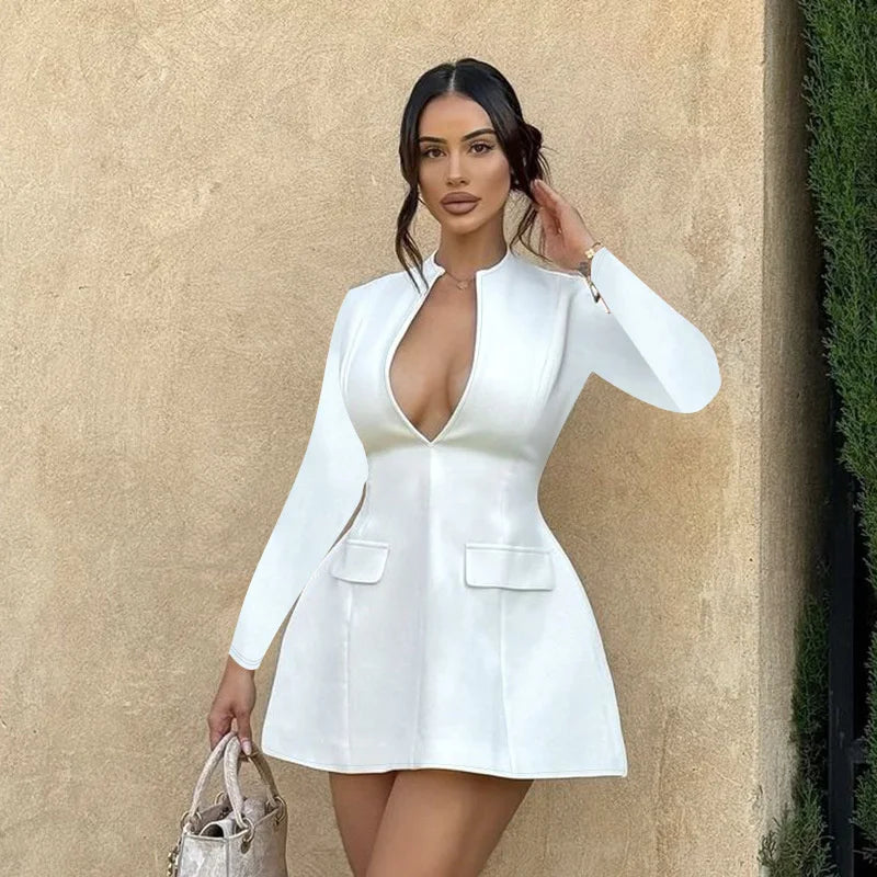 Sexy Fitted V-Neck Long-Sleeve Dress Elegant Solid Color High-Waist Pencil Skirt New Stylish Autumn/Winter Women's Banquet Dress