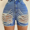 Denim Shorts Women Summer New High-waisted and Thin Handmade Bead Chain Ripped Hot Pants for Women