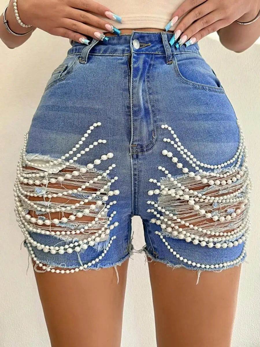 Denim Shorts Women Summer New High-waisted and Thin Handmade Bead Chain Ripped Hot Pants for Women