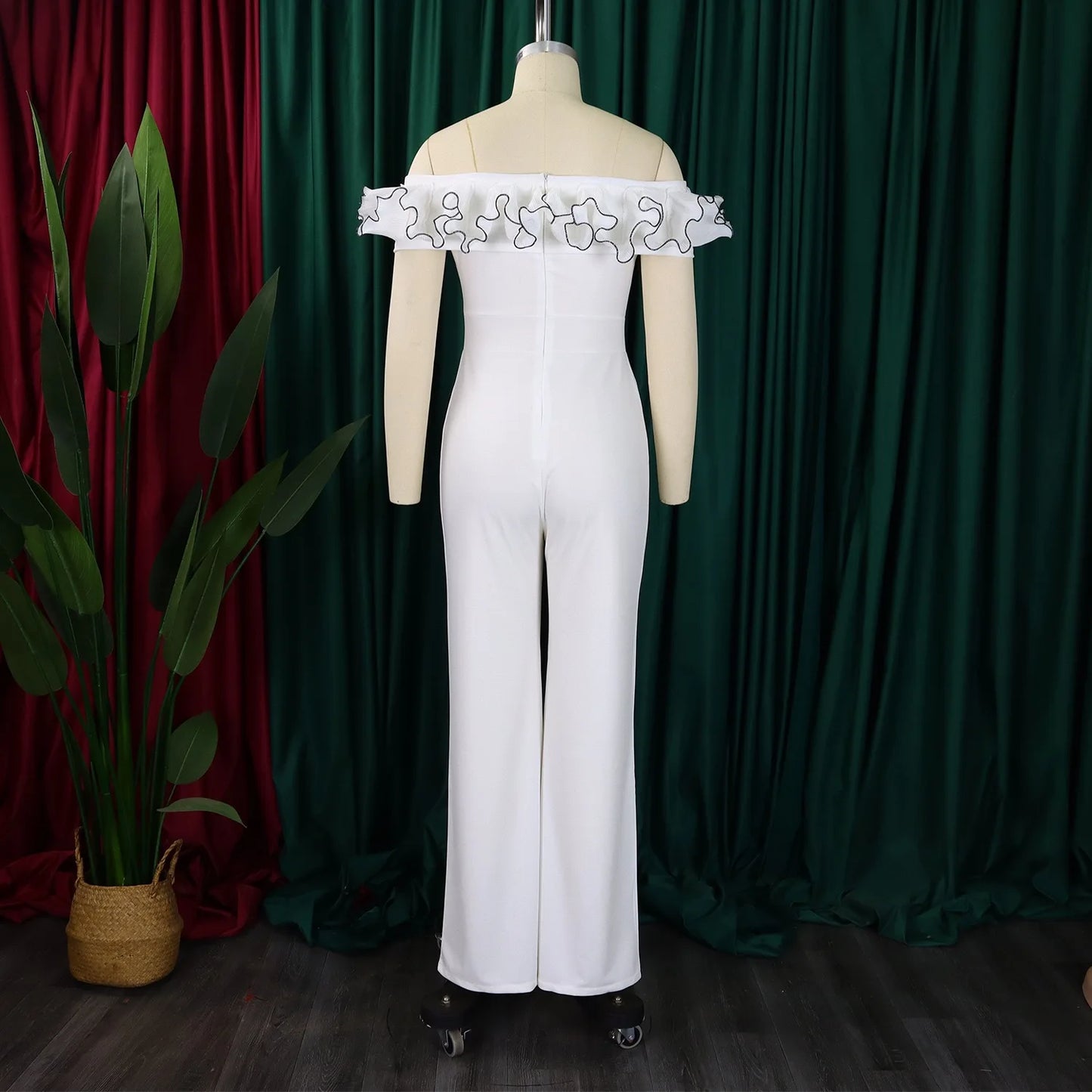 Luxury Jumpsuits & Rompers for Woman Off the Shoulder Ruffles Short Sleeve High Waisted Solid New Year 2025 Christmas Overalls