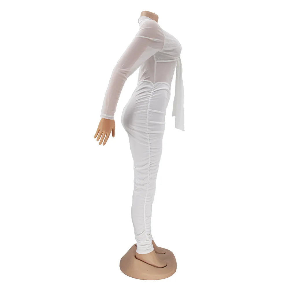 Sexy Mesh Patchwork Jumpsuits for Women Elegant Long Sleeve Bandage One Piece Party Long Bodysuit