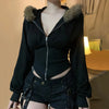 BIIKPIIK Fur Collar Hooded Women Coats Casual Zipper Slim Hoodies Simple All-match Black Harajuku Coat Autumn Winter Sweatshirts