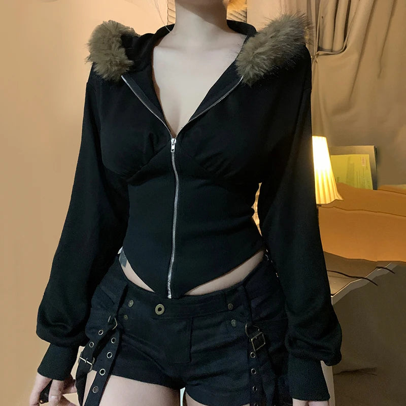 BIIKPIIK Fur Collar Hooded Women Coats Casual Zipper Slim Hoodies Simple All-match Black Harajuku Coat Autumn Winter Sweatshirts
