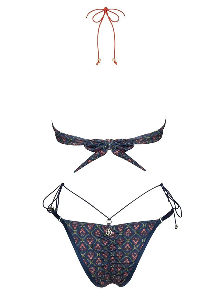 Sexy Print Laced Up Bikini 2 Piece Set Women Split Swimsuit High Waist Beach Backless Bikini 2025 New Summer Swimwear Bikini Set