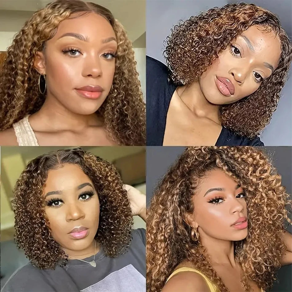 4/27 Deep Water Wave Short Bob Wigs Highlight Curly 13x4 Lace Front Wig Brazilian 100% Real Human Hair Wig Ombre Brown Short Wig