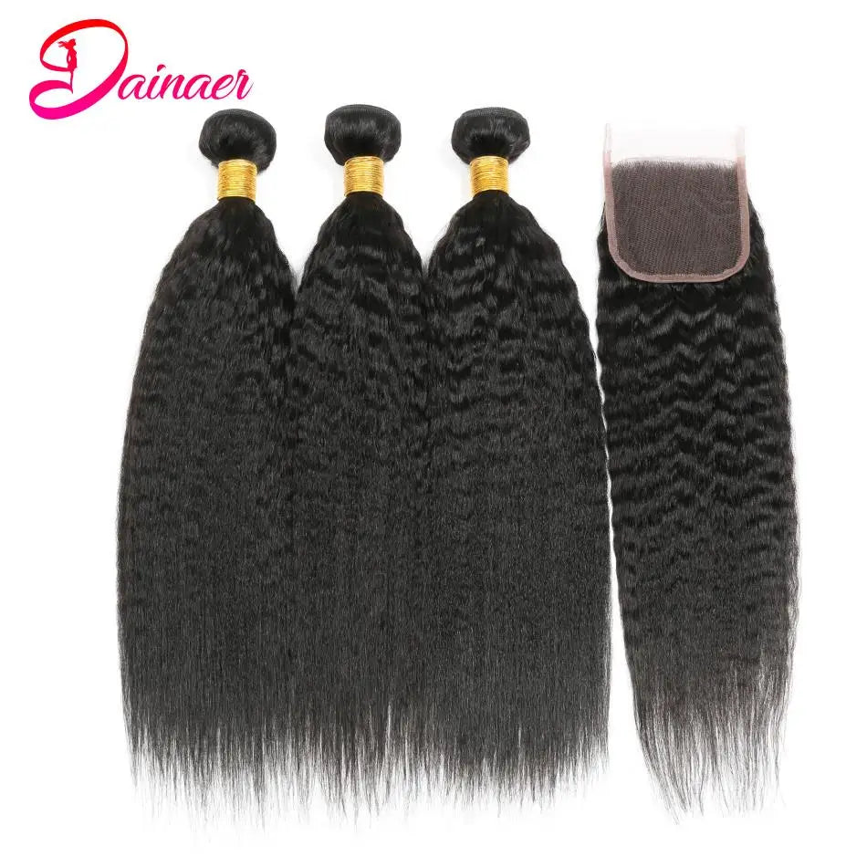 Kinky Straight Human Hair 3 Bundles With Closure Yaki Straight Hair Bundles With 4x4 Closure Human Hair Bundles With Closure