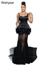 New Black Mesh See Though Flower Ruched Luxury Rhinestone Wedding Evening Mermaid Long Dress Women Strap Cocktail Birthday Robe