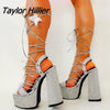Platform Crystal Chunky Heels Sandals With Bow Cross-Strap Bling Elegant Glitter Silver Sandals Women Summer Butterfly Shoes