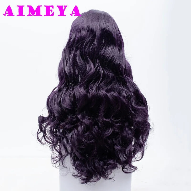 AIMEYA Dark Purple Wig Long Silky Straight Synthetic Lace Front Wig Natural Hairline Daily Wear Cosplay Purple Lace Front Wig