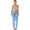 Denim Pants Sets for Women 2024 Sexy Streetwear Two Piece Set Outfits Chest Wrap Sleeveless Backless Top Hollow Out Jeans