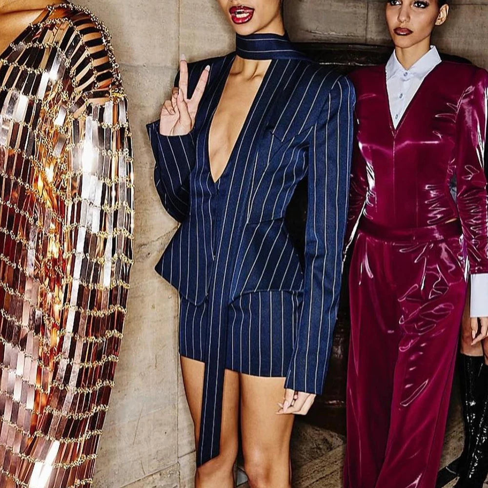 TWOTWINSTYLE Colorblock Striped Slimming Blazers For Women V Neck Long Sleeve Tunic Temperament Coats Female Fashion Clothes New