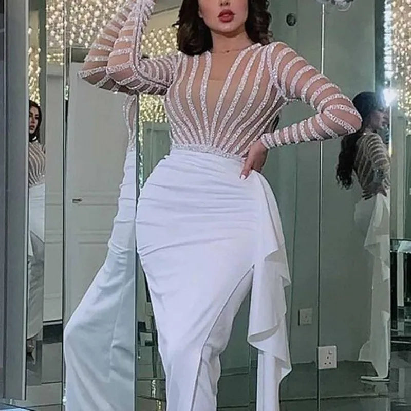 Sexy Dress Women Sleeveless Sequin Dresses O Neck Asymmetrical High Street Dance Wedding Prom Party Night Long Top Vestidos