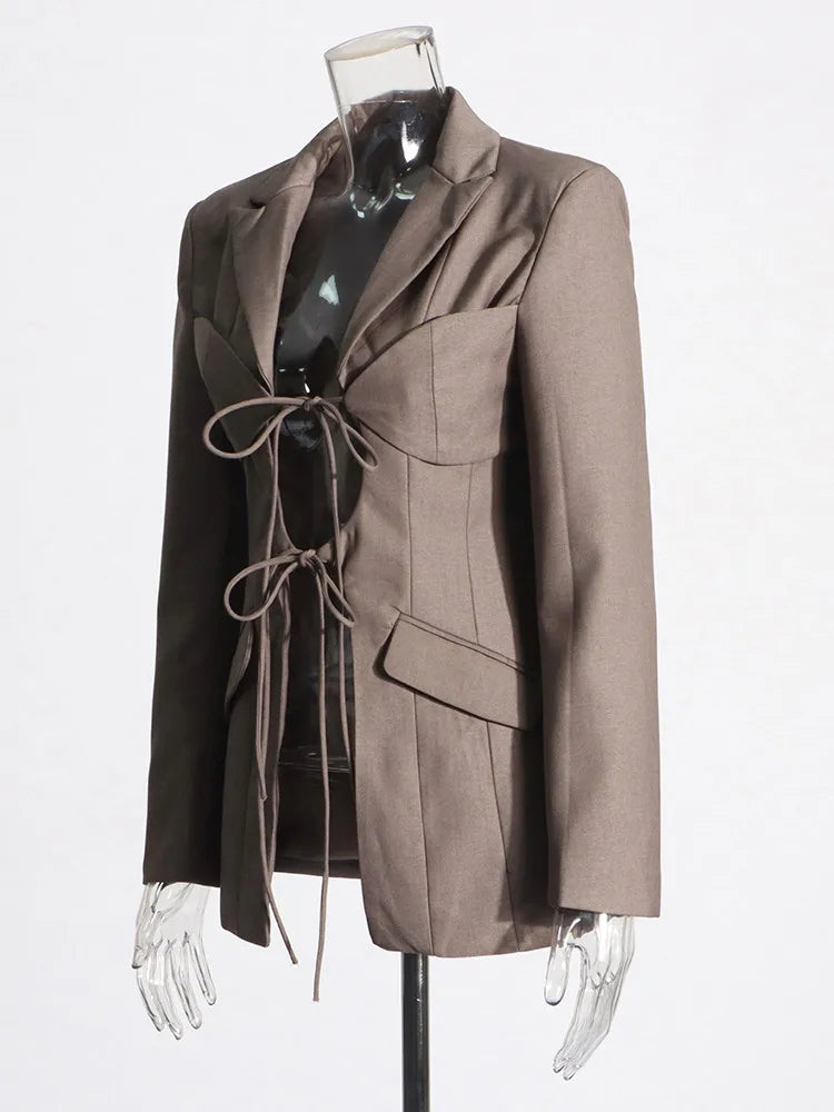 TWOTWINSTYLE Patchwork Lace Up Hollow Out Blazer For Women Notched Collar Long Sleeve Tunic Designer Blazers Female Fashion New