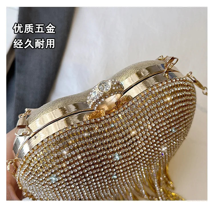 Rhinestone Evening Bag Heart Pattern Silver Handbag Womens Diamond Tassel Banquet Clutch And Purse Wedding Bridal Prom Wallets