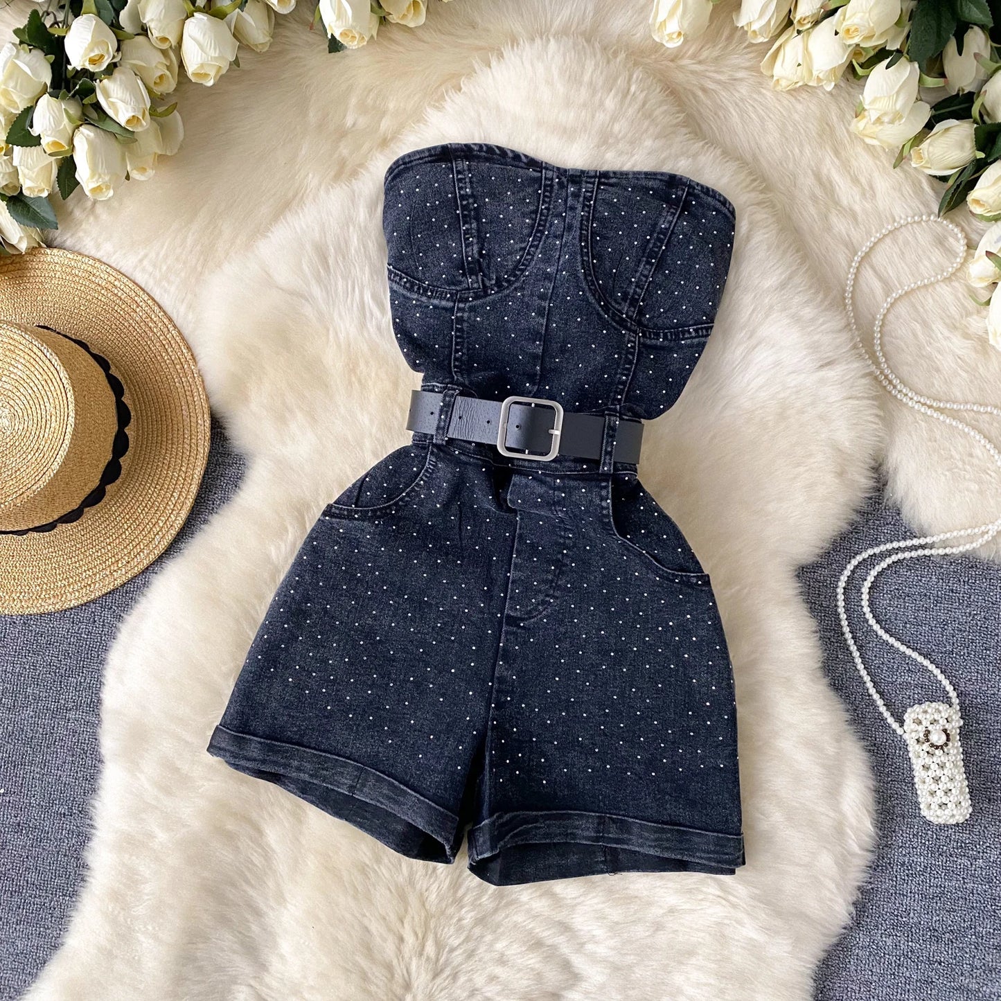 Women Denim one pieces Summer Playsuit Fashion Hot Drill High Waist Slim Sleeveless Strapless Sashes Outfits