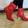 Belt Buckle Front Zipper Fashion Show Short Boots Women's Autumn Winter New Pointed Metal Decoration Red High Heels Ankle Boots