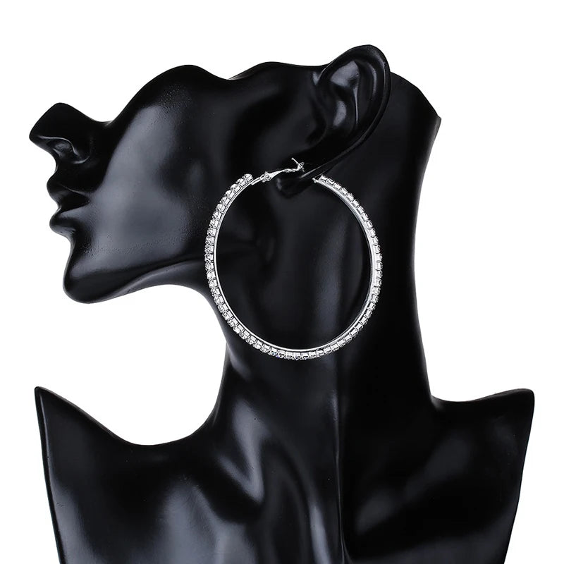 30-80mm Big Hoop Earrings For Women Girls Circle Crystal Rhinestone Earrings Black Gold Silver Color Round Earings Party Gift