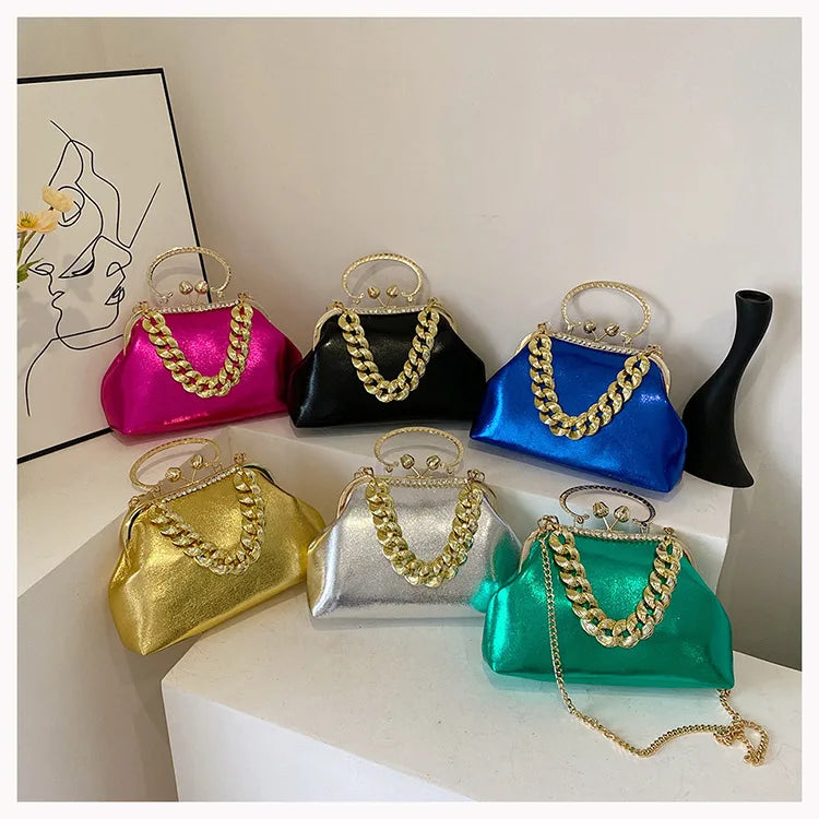 2024 Luxury Women Gold Green Chain Messenger Bags PU Leather Shoulder Bags Shell Clip Designer Handbag And Purse Wedding Clutch