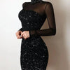 Evening Dresses for Women 2022 New Elegant Sexy Party Wedding Guest Glitter Contrast Lace Cutout Long Sleeve Bodycon Mini Dress