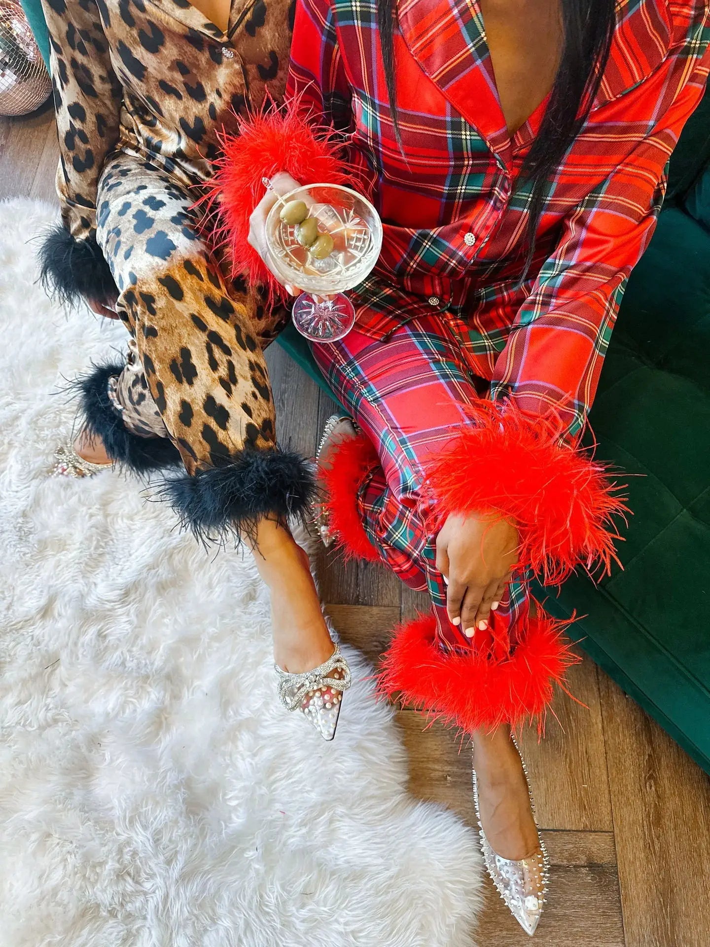 Women New Year Pajamas Set Christmas Party Loungewear Long Sleeve Feather Shirt Pants Sleepwear Santa Claus Night Wears Pyjamas