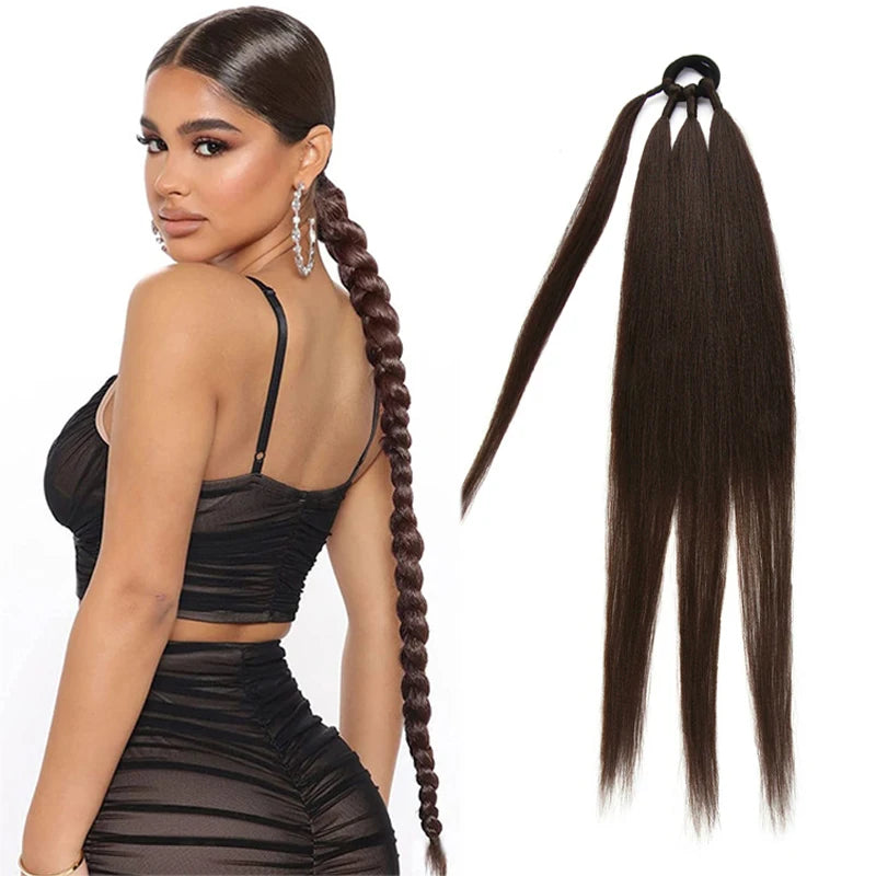 Ponytail Extensions Synthetic Boxing Braids Wrap Around Chignon Tail With Rubber Band Hair Ring 26 Inch Brown Ombre Braid DIY