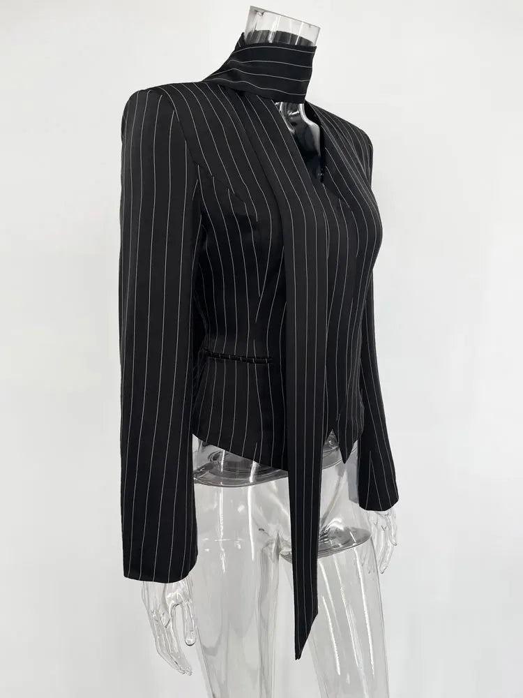 Tossy Elegant Female Striped Suit Coat For Women Scarf Lace-Up Patchwork V-Neck Long Sleeve Luxury Outwear Female Jackets Coat