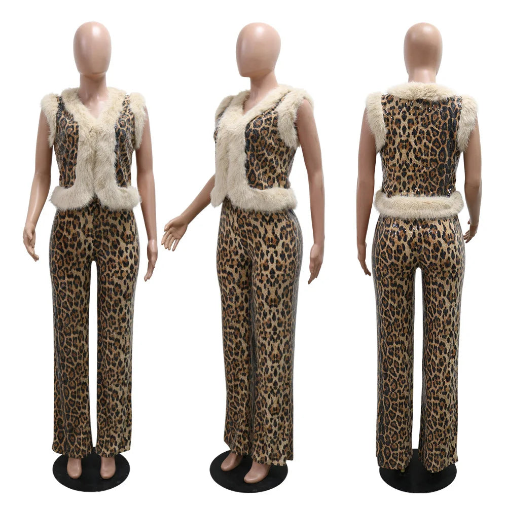 CM.YAYA Women's Set Sleeveless Fur Leopard Sequined V-neck Wool Vest and Pant Suits 2024 Street Two 2 Piece Set Outfit Tracksuit