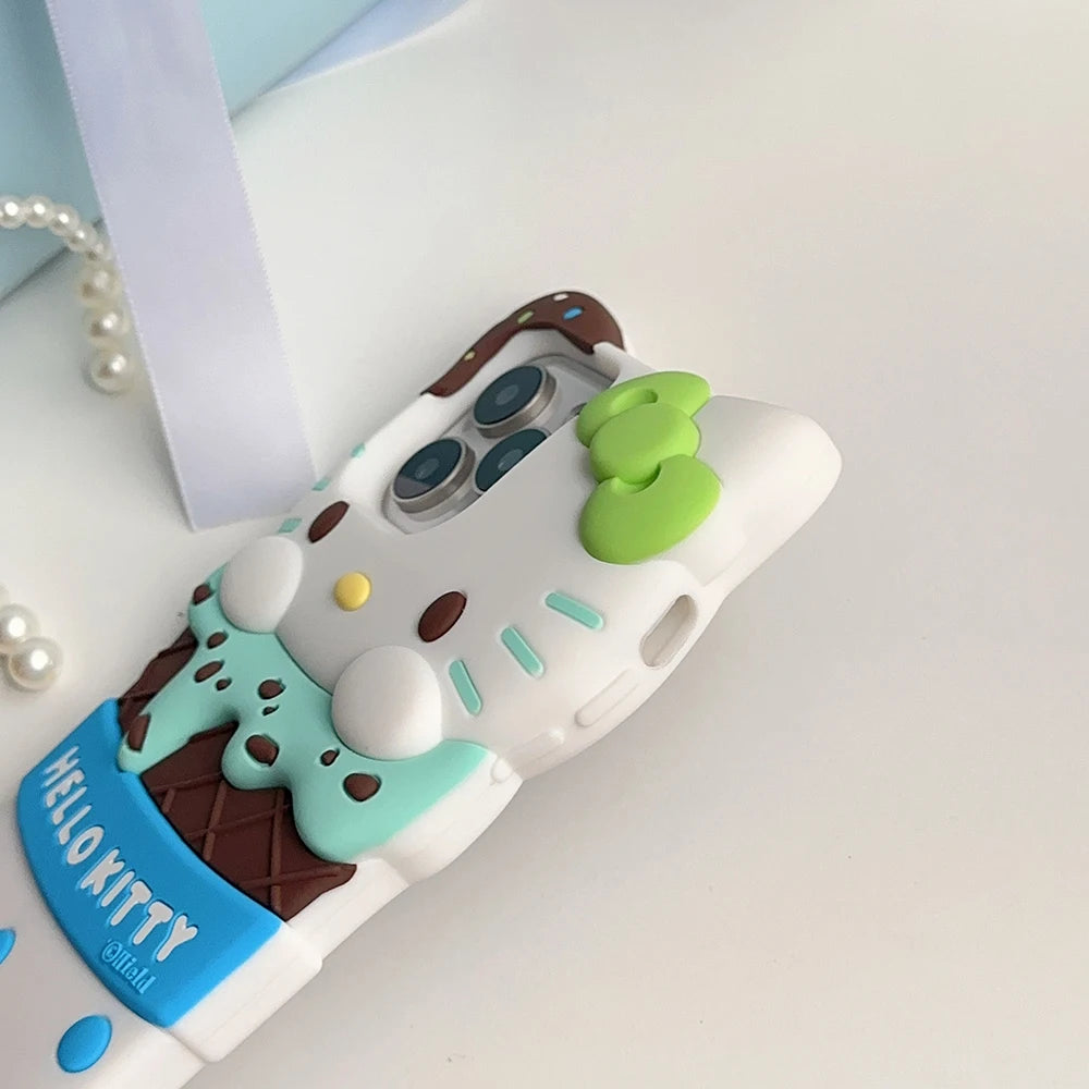Cute 3D Ice Cream Sanrios Hello Kitty Phone Case for IPhone 15 14 13 12 11 Pro Max Drop-resistant Soft Silicone Back Cover Gift