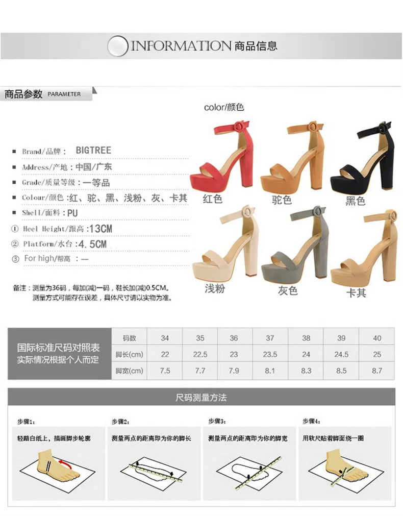 Fashion Women Pumps Sandals Summer Platform Belt Buckle Strap PU Square Heel Outdoor Korean Style Black Open Toe Grace 1550-1