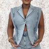 HLJ High-quality Fashion Denim Rompers Women Lapel Sleeveless Hollow Button One Piece Jumpsuits Female Streetwear Overalls New